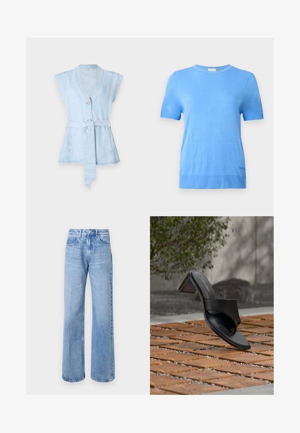 Svetlo modrá denimová vesta s krátkymi rukávmi, výstrihom do V, dvoma gombíkmi a opaskom v páse. Obsahuje kontrastné stehy a rozšírený strih.; Calvin Klein Svetrík - blue twilight; Svetlomodré džíny so širokými nohavicami vyrobené z denimu s vysokým pásom, päť vreciek a jemným vyblednutím. Strieborné zapínanie na gombík a zips.; Čierna sandála Calvin Klein na podpätku s prstovou slučkou na drevenej dlažbe vonku pri strome a kamennom múre.