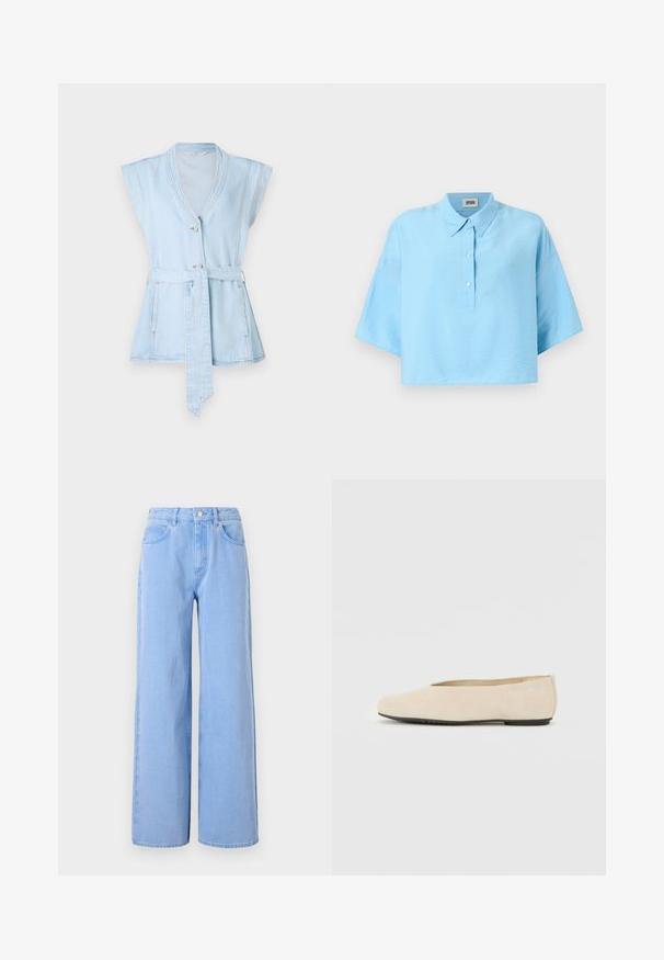 Lyseblå denimvest med korte ærmer, V-hals, to knapper og taljebånd. Har kontrastsyninger og en flared silhuet.; Lyseblå cropped skjorte med krave, frontlukning med knapper og korte ærmer. Lavet af et glat, letvægtsstof.; Lyseblå brede denimjeans. Har en tætsiddende talje med bælte-løkker og frontlommer, sømdetaljer og en ren kant.; Beige ruskind ballerina med rund tå, flad sål og minimalistisk design. Glat tekstur uden synligt hardware eller udsmykninger.