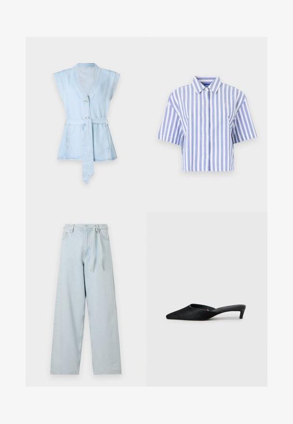 Lichtblauw denimvest met korte mouwen, V-hals, twee knopen en een taillekoord. Beschikt over contrasterende stiksels en een uitlopende silhoeët.; Korte mouw shirt in lichtblauw en witte verticale strepen, met knoopsluiting aan de voorkant, klassieke kraag, zachte textuur.; Lichtblauwe wijde jeans van denim, met een hoge taille, riemlussen en een strikriem. Naaddetails zichtbaar langs de benen.; Zwarte suède muilen met een spitse neus en een lage hak. Heeft een gladde textuur en een open achterkant voor gemakkelijk aan- en uittrekken. Eenvoudig ontwerp zonder patronen.