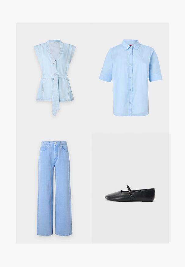 Lichtblauw denimvest met korte mouwen, V-hals, twee knopen en een taillekoord. Beschikt over contrasterende stiksels en een uitlopende silhoeët.; Lichtblauw overhemd met korte mouwen, knoopsluiting, puntkraag en subtiel ingebosseleerd logo op de linkerborst.; Lichtblauwe wijde denim jeans. Heeft een aangesloten taille met riemlussen en voorzakken, stiksel details en een schone zoom.; Zwarte leren balletschoenen met een spitse neus, platte zool en een kleine strap met een zilveren gespsluiting.