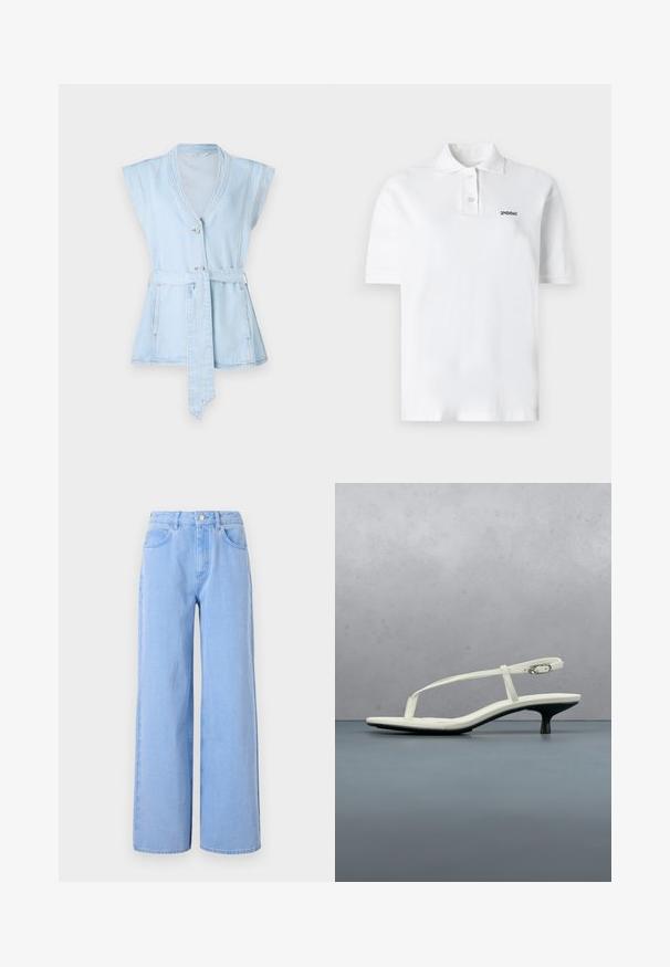 Lyseblå denimvest med korte ærmer, V-hals, to knapper og taljebånd. Har kontrastsyninger og en flared silhuet.; Hvid polo skjorte lavet af bomuld, med klassisk krave, tre knapper og et lille sort logo på venstre bryst. Korte ærmer.; Lyseblå brede denimjeans. Har en tætsiddende talje med bælte-løkker og frontlommer, sømdetaljer og en ren kant.; Hvid sandal med stropper og kitten-hæl med spids tå, svævende over et trægulv udendørs med en sløret plante og væg i baggrunden.