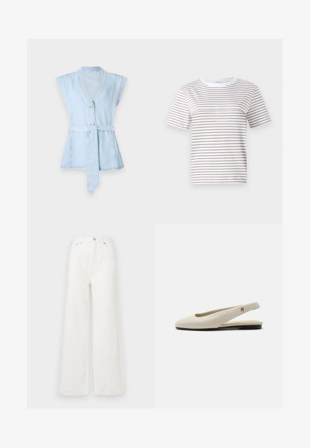 Lyseblå denimvest med korte ærmer, V-hals, to knapper og taljebånd. Har kontrastsyninger og en flared silhuet.; Hvid t-shirt med korte ærmer og horisontale beige striber. Rund halsudskæring, lavet af blødt stof, med en afslappet pasform og standard kant.; Hvide højtaljede brede jeans lavet af denim. Har frontlommer, knaplukning og afrivede kantdetaljer.; Flatsko i cremefarvet læder med rundet tå og lille guldemblem på remmen.