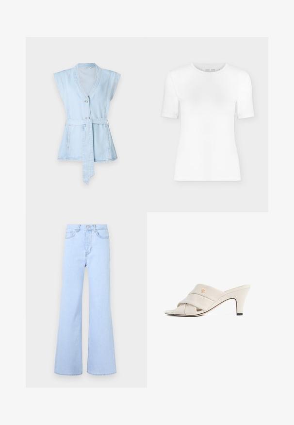 Lyseblå denimvest med korte ærmer, V-hals, to knapper og taljebånd. Har kontrastsyninger og en flared silhuet.; Hvid T-shirt med rund hals, korte ærmer, slank pasform og ribbet stofstruktur, vist på en ensfarvet lys grå baggrund.; Lyseblå flagrende jeans med høj talje, der har fem lommer, knaplukning og en glat denimstruktur. Kanten er pænt syet.; Beige højhælede mules med et snoet læderstropdesign, åben tå og præget logoaccent. Hælen har en sort spidsdetalje.