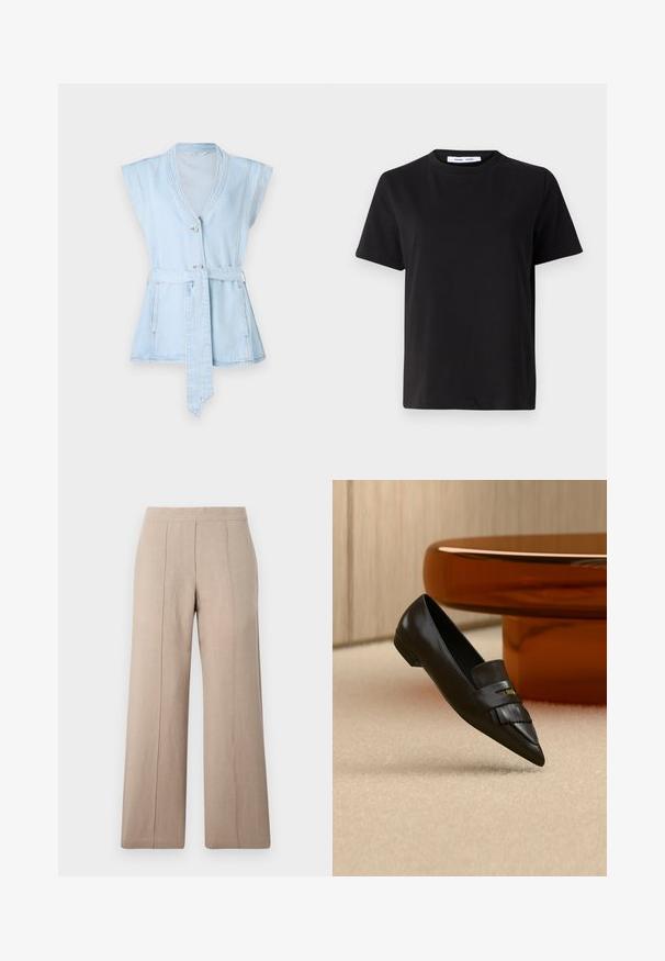 Lichtblauw denimvest met korte mouwen, V-hals, twee knopen en een taillekoord. Beschikt over contrasterende stiksels en een uitlopende silhoeët.; Zwart T-shirt met korte mouwen, gemaakt van zachte katoen, met een ronde hals, een ontspannen pasvorm en een gladde textuur. Geen zichtbare patronen of opdrukken.; Beige wijdvallende broek gemaakt van lichtgewicht stof, met voorplooien, een gladde tailleband en een recht model met nette zomen.; Zwarte leren loafer met puntige neus en franjedetail, geplaatst op een beige tapijt naast een ronde oranje glazen tafel.