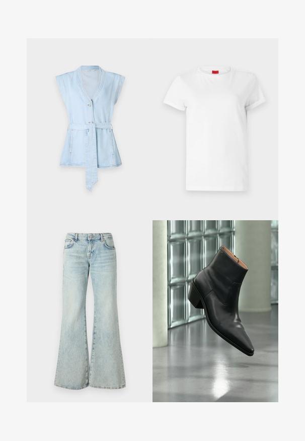 Lyseblå denimvest med korte ærmer, V-hals, to knapper og taljebånd. Har kontrastsyninger og en flared silhuet.; Hvid kortærmet t-shirt lavet af letvægts bomuld. Har en rund halsudskæring og rullede ærmer. Rød logoetiket på kraven.; Lyseblå flared jeans lavet af denim, med høj talje, lommer og frynset kant. Stoffet har et slidt look og en subtil struktur.; Sort læderankelstøvle med spids tå og blokhæl, der svæver over en reflekterende grå gulv nær en væg af glasblokke.