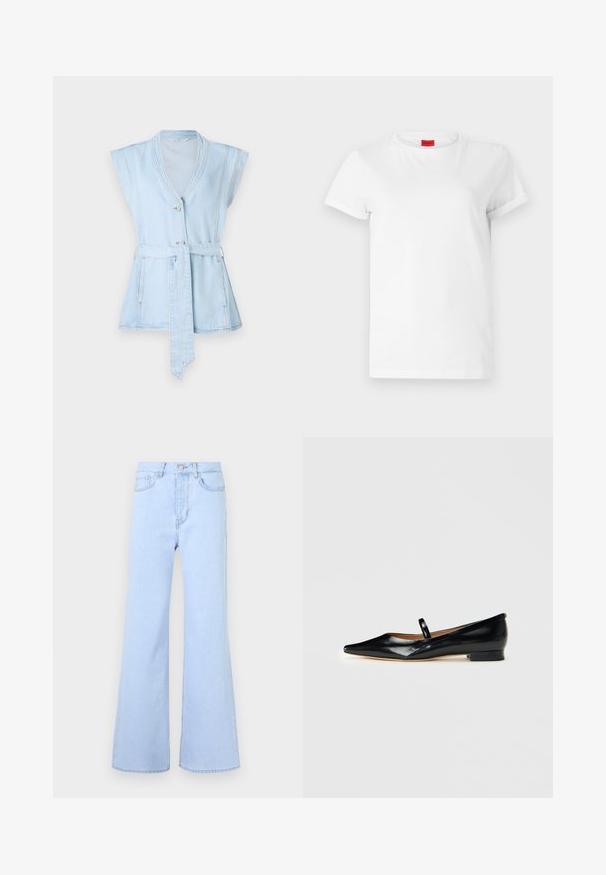 Lyseblå denimvest med korte ærmer, V-hals, to knapper og taljebånd. Har kontrastsyninger og en flared silhuet.; Hvid kortærmet t-shirt lavet af letvægts bomuld. Har en rund halsudskæring og rullede ærmer. Rød logoetiket på kraven.; Lyseblå flagrende jeans med høj talje, der har fem lommer, knaplukning og en glat denimstruktur. Kanten er pænt syet.; Sorte patenterede læder Mary Jane flade sko med spids tå, én rem og lav hæl på ensfarvet baggrund.