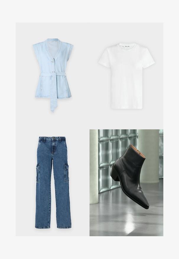 Lyseblå denimvest med korte ærmer, V-hals, to knapper og taljebånd. Har kontrastsyninger og en flared silhuet.; En simpel hvid T-shirt med korte ærmer og rund hals lagt fladt på en lys grå baggrund, hvor forsiden med label inde i halsen vises.; Blå denim cargo bukser med en afslappet pasform, der har to sidelommer, forstærket syning og et lige ben-design.; Sort læderankelstøvle med spids tå og blokhæl, der svæver over en reflekterende grå gulv nær en væg af glasblokke.