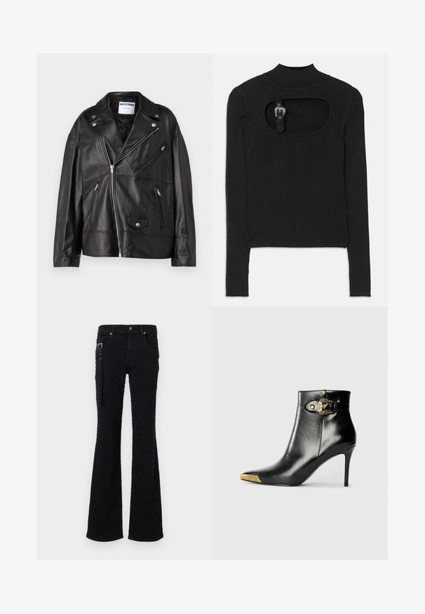 Schwarze Leder-Motorradjacke mit Eingriffskragen, asymmetrischem Reißverschluss und mehreren Reißverschlusstaschen. Verziert mit silbernen Hardware-Details.; Schwarzes, geripptes Crop-Top mit langen Ärmeln, hohem Kragen und Ausschnitt-Detail unter dem Kragen. Mit einem Riemen und akzentuiertem Hardware-Verschluss.; Schwarze ausgestellte Jeans aus einem strukturierten Stoff mit einem dezenten Muster, silberner Hardware und frontalen Taschen. Reißverschlussdetail an der Seite.; Schwarzer Knöchelstiefel aus glänzendem Leder mit spitz zulaufender Zehenpartie, Stöckelabsatz und goldfarbener Hardware mit dekorativem Schnallendetail.