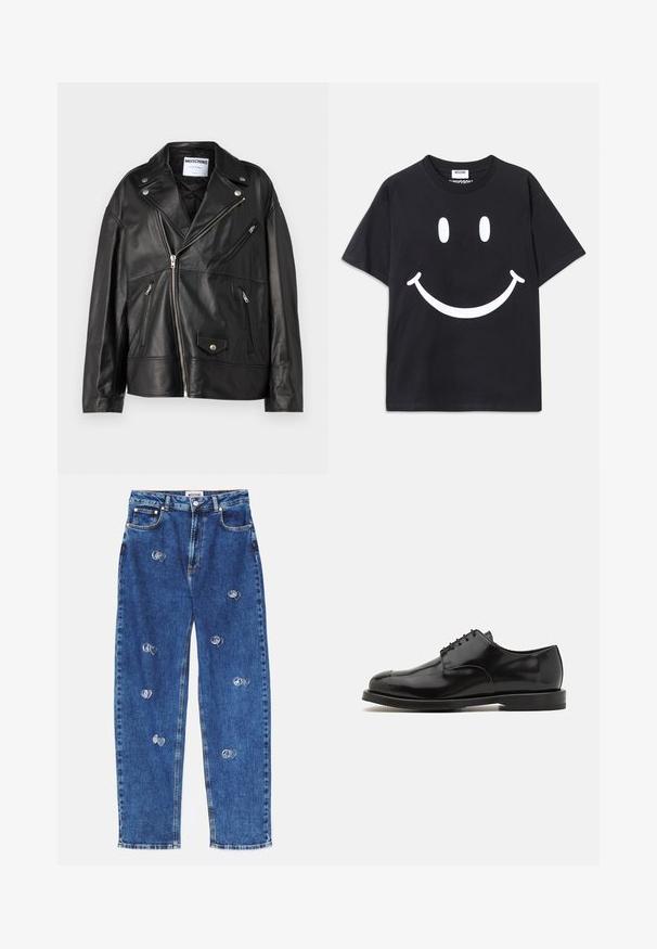 Sort lædermotorcykeljakke med notch-lapel, asymmetrisk frontlynlås og flere lynlåslommer. Har sølvfarvede hardware-detaljer.; Sort t-shirt med korte ærmer lavet af bomuld, der har et stort hvidt smiley-ansigt grafisk design på forsiden. Klassisk rund halsudskæring.; Mørkeblå denim jeans med en afslappet, lige benudskæring. Har sølvfarvede fredssymbol- og hjerte-patches på forsiden. Klassisk fem-lomme design.; Sorte læderherresko med en poleret finish, rund tå, snørelukning, kontrasterende sål og minimalistiske syninger.