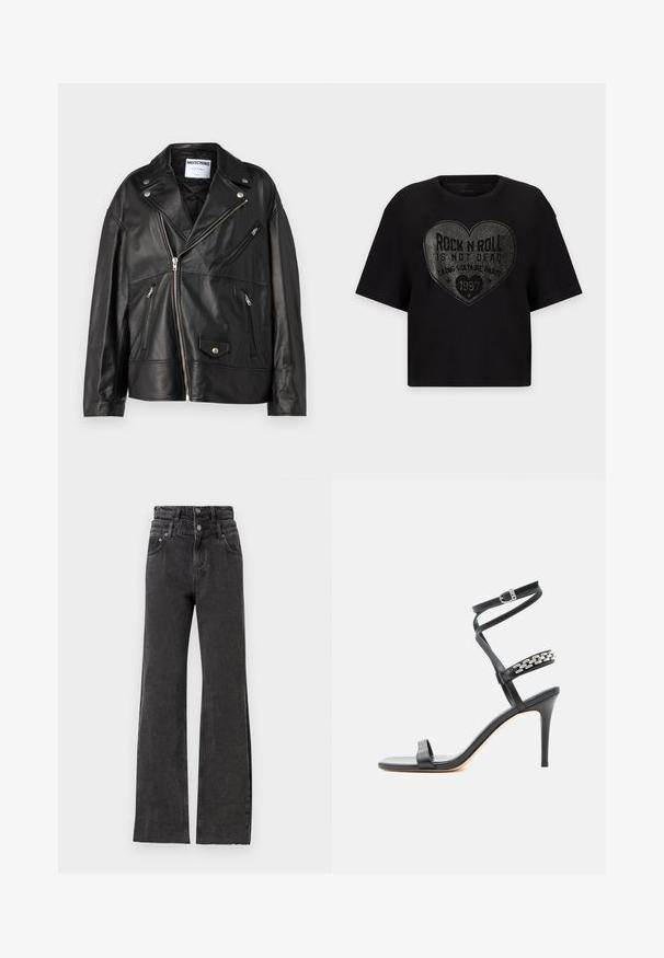 Schwarze Leder-Motorradjacke mit Eingriffskragen, asymmetrischem Reißverschluss und mehreren Reißverschlusstaschen. Verziert mit silbernen Hardware-Details.; Schwarzes T-Shirt mit kurzen Ärmeln, großem herzförmigem silbernem Nietendesign und dem Satz "Rock n Roll is not dead" mittig vorne.; Schwarze hochwaisted Jeans zeichnen sich durch ein gerade geschnittenes Design, dezente Abriebdetails und metallene Knopfhardware an der Taille aus.; Schwarze Sandalette mit hohem Absatz, schlankem Knöchelriemen, Mittelriemen verziert mit silbernen Kettengliedern und offenem Zehendesign.