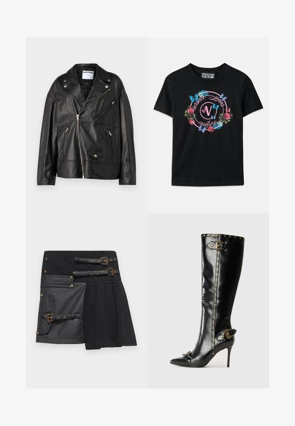 Čierna kožená motocyklová bunda s klopovým golierom, asymetrickým predným zipsom a viacerými zipsovými vreckami. Obsahuje strieborné kovanie.; Čierne tričko s farebnou kvetinovou a motýľovou grafikou, so ružovými a modrými akcentmi. Nápis "Versace Jeans Couture" vytlačený v kruhovom dizajne.; Čierna sukňa s koženými akcentmi, detailmi s prackami a kombináciou textúr. Obsahuje vrecko na ľavej strane a plisovaný dizajn.; Čierne kožené čižmy na vysokom opätku s špicatou špičkou, zlatými cvočkami pozdĺž šachtice, kovovým detailom na sponke a dekoratívnym akcentom na päte.