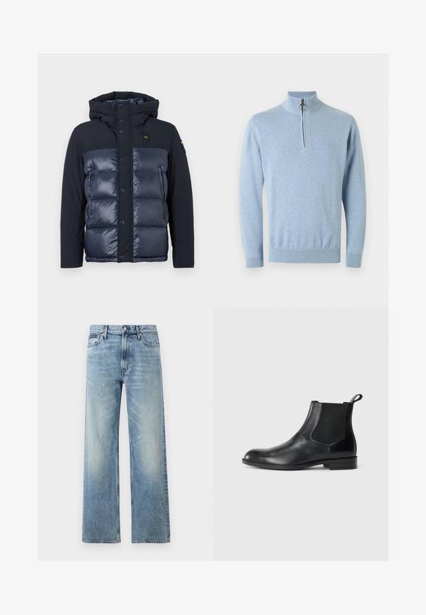 Veste rembourrée marine avec capuche. Elle présente une finition matelassée, une fermeture à boutons et une poche zippée sur le côté. Fabriquée en tissu brillant et mat.; Pull en maille bleu ciel à manches longues avec demi-fermeture éclair et tirette en anneau, poignets et ourlet côtelés, et logo brodé discret sur la poitrine gauche.; Jean droit en denim bleu clair avec taille haute, cinq poches, fermeture à boutons et léger délavage sur les cuisses et les genoux.; Bottine en cuir noir avec des panneaux latéraux élastiques, bout rond et tirette. Texture lisse, semelle plate, design minimaliste.