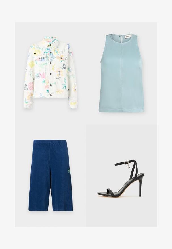 Soulland DECLAN JACKET - Veste en jean - white; Blouse bleu clair sans manches avec col rond et fermeture boutonnée à l'arrière, avec une couture centrale à l'avant.; Shorts bleu marine arrivant aux genoux avec une ceinture élastique et un petit logo vert sur la cuisse droite, présentés sur un fond uni.; Sandale à talon haut noire avec une bride étroite à la cheville, bout carré, cuir lisse et accent de boucle métallique.