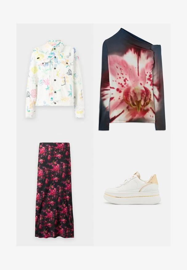 Soulland DECLAN JACKET - Veste en jean - white; Haut à manches longues avec un décolleté asymétrique, présentant un imprimé floral rose et blanc sur un fond dégradé sombre. Fabriqué en tissu extensible.; Jupe midi florale noire, dotée d'un motif vibrant de fleurs roses et rouges. Tissu lisse, forme évasée, avec un ourlet large.; Sneaker plateforme en cuir blanc avec accents dorés, présentant un talon doré texturé, des lacets ronds et une semelle lisse avec une fine bande dorée.