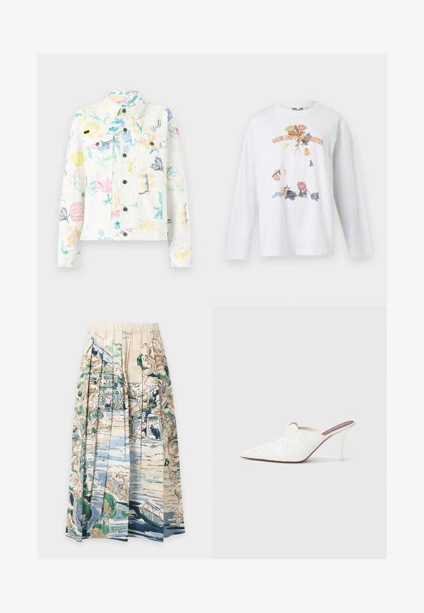 Soulland DECLAN JACKET - Veste en jean - white; Chemise blanche à manches longues avec des motifs floraux multicolores et le texte « Since 1999 Baum Und Pferdgarten » sur la poitrine.; Jupe plissée avec une ceinture élastique, ornée d'un imprimé pittoresque d'arbres, de bâtiments, d'une rivière et d'un petit bateau dans des tons bleus, verts et beiges.; Mules blanches à bout pointu, texture plissée sur le dessus, et talon stiletto fin. Surface lisse et design minimaliste.