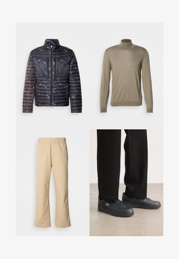 Vuorattu takki tummansinisestä kankaasta, jossa on tekstuuri ja kuviointi. Varustettu korkealla kauluksella, kahdella vetoketjullisella taskulla ja tyylikkäällä leikkauksella.; Beige turtleneck neule, joka on valmistettu ohuesta, ribatusta kankaasta. Pitkät hihat, joissa on tiukat hihansuut ja suora helma alhaalla. Yksinkertainen muotoilu, ilman kuvioita.; Beige levelet lahkeet, joissa on joustava vyötärö, valmistettu sileästä puuvillakankaasta, ja niissä on sivutaskut sekä suora siluetti.; Musta matala top kengät, jotka on valmistettu sileästä nahasta, ja niissä on teksturoitu kumipohja, nauhakiinnitys ja pieni vihreä brodeerattu logo.