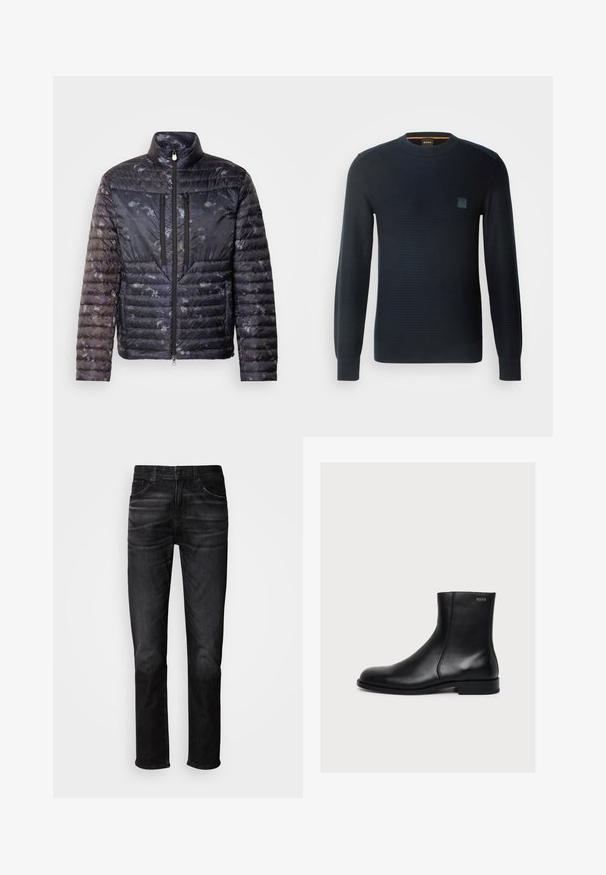 Dicker dunkelblauer Mantel mit strukturierter, gemusterter Oberfläche. Verfügt über einen hohen Kragen, zwei Reißverschlusstaschen und eine schlanke Silhouette.; Gestreifter marineblauer Pullover mit langen Ärmeln, rundem Ausschnitt, strukturiertem Stoff und einem kleinen Logo-Patch auf der Brust.; Schwarze Jeans aus Denim mit geradem Schnitt, fünf Taschen, dezentem Used-Look und Knopfverschluss. Klassischer Stil, geeignet für legere Trageanlässe.; Schwarzer, glatter Lederknöchelstiefel mit niedrigem Absatz und seitlichem Reißverschluss, mit Hugo nahe dem oberen Rand beschriftet.