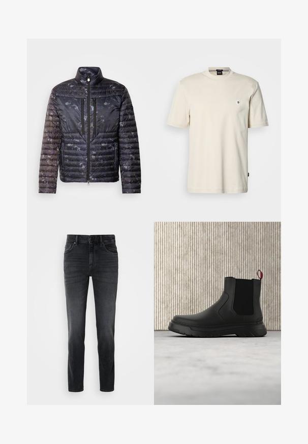 Dicker dunkelblauer Mantel mit strukturierter, gemusterter Oberfläche. Verfügt über einen hohen Kragen, zwei Reißverschlusstaschen und eine schlanke Silhouette.; Kurzärmeliges T-Shirt mit Rundhalsausschnitt aus hellbeigem Baumwollstoff. Verfügt über ein kleines rundes Logo auf der Brust und einen geraden Saum.; Schwarze Jeans aus Denim mit schlanker Passform, mittelhohem Bund, klassischem Fünf-Taschen-Design und dezenten Verblassungen an den Beinen.; Schwarze Knöchelstiefel mit glatter Oberfläche, elastischen Seitenpaneelen und einem kontrastierenden roten Zuglasche, ausgestattet mit einer dicken Gummisohle und einer runden Zehenpartie.