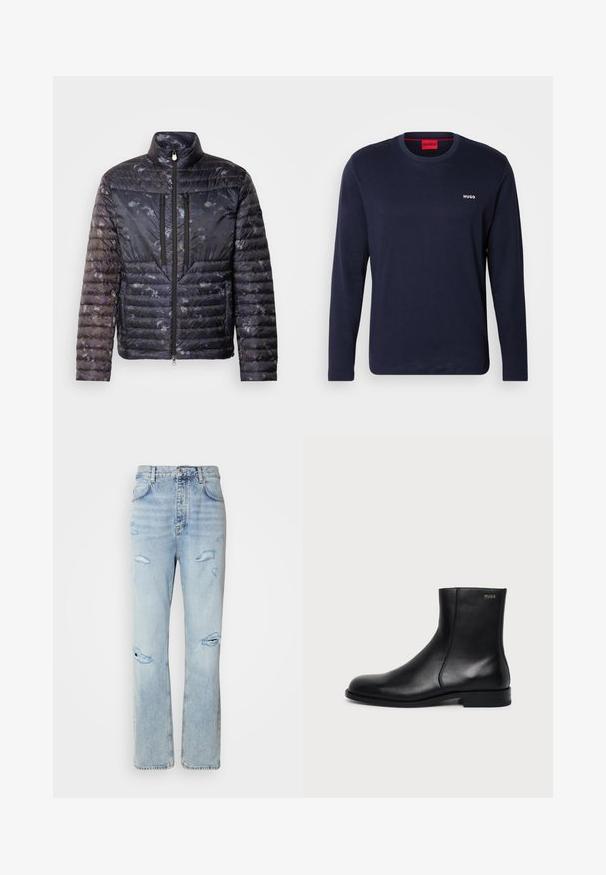 Tumedast sinisest padded jakk tekstuuriga mustriga viimistlusega. Omab kõrget krae, kahte tõmblukuga taskut ja voolujoonelist siluetti.; Tumesinane pikkade varrukatega T-särk, mis on valmistatud puuvillast. Särgil on ümmargune kaelus, rinnaesises valge "HUGO" logo ning lihtne ja sile tekstuur.; Heledad avatud pesu denimidest teksad, millel on vabalt langev lõige, sisaldades kulumisjälgi ja hõõrdunud ääri. Kanga tekstuur on pehme ja sile.; Mustast nahast pahkluu saabas madala kandiga, küljeõmbluse ja väikese "HUGO" logoga ülemisel mansetil ühevärvilise tausta ees.
