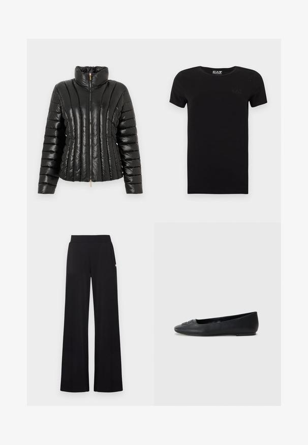 Doudoune noire en matériau brillant, dotée d'un col haut, d'une fermeture éclair sur le devant et d'un motif matelassé horizontal.; T-shirt noir à manches courtes en coton avec un col rond, arborant un logo discret sur la poitrine. Texture lisse, coupe ajustée.; Pantalon noir à jambes larges avec une taille ajustée, réalisé dans un tissu lisse. Comprend des poches latérales discrètes et des accents matériels minimalistes.; Ballerine en cuir noir avec une texture lisse, bout arrondi et décoration subtile à l'avant. Talon plat et bas.