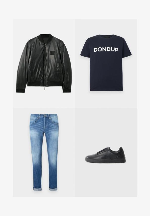 Schwarze Leder-Bomberjacke mit einem Reißverschluss vorne, gerippten Bündchen und Saum sowie seitlichen Taschen; verfügt über ein kleines Logo-Patch auf der Brust.; Marineblaue Kurzarm-T-Shirts mit weißem "DONDUP"-Logo, mittig auf der Brust platziert, Rundhalsausschnitt, schlichtes Design.; Schmal geschnittene blaue Jeans mit umgeschlagenen Säumen, vorderer Knopfleiste und Taschennaht-Details, mit ausgewaschenem Look an Oberschenkeln und Unterschenkeln.; Schwarze Leder-Sneaker mit glatter Oberfläche, abgerundeter Zehenpartie, strukturiertem Seitenpaneel und schwarzen Schnürsenkeln. Verfügt über eine flache Gummisohle und ein minimalistisches Design.