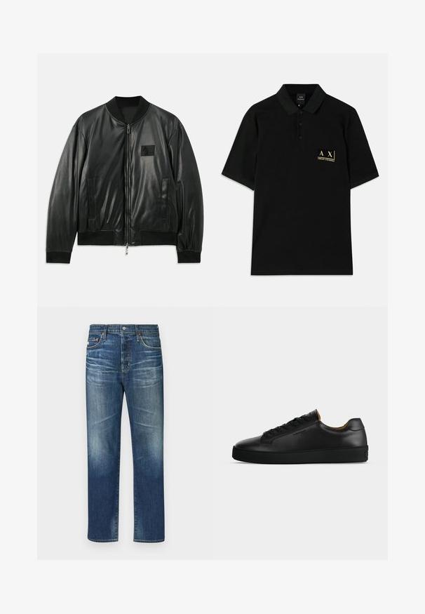 Chaqueta bomber de cuero negro con cierre de cremallera en la parte delantera, puños y dobladillo acanalados, y bolsillos laterales; presenta un pequeño parche de logo en el pecho.; Polo negro de algodón, con una tapeta de tres botones y un logotipo bordado en dorado en el lado izquierdo del pecho. Mangas cortas, ajuste clásico.; Vaqueros de mezclilla azul con corte recto, que presentan zonas desgastadas, un diseño clásico de cinco bolsillos, remaches de cobre y una bragueta con botón.; Zapatilla negra de piel de corte bajo con cordones negros, suela de goma texturizada y pequeño logo en relieve en el lateral, mostrada de perfil sobre fondo gris.