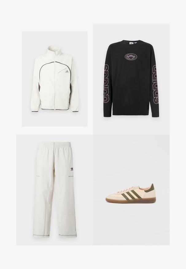 Witte ritsjack met zwarte accenten, voorzien van een staande kraag, elastische manchetten en een logo op de linkerkant van de borst in het grijs. Textuur van de stof.; Zwart katoenen shirt met lange mouwen, met een logo in het midden en grote tekstgrafieken langs de mouwen in contrasterende kleuren.; Witte sportbroek met elastische tailleband, zijzakken en zwarte adidas-logo en stikaccenten. Glad, lichtgewicht materiaal.; Beige Adidas Spezial sneaker met een laag profiel, groene strepen, een gumkleurige zool en "SPEZIAL" branding aan de zijkant, gezien vanaf de buitenzijde.