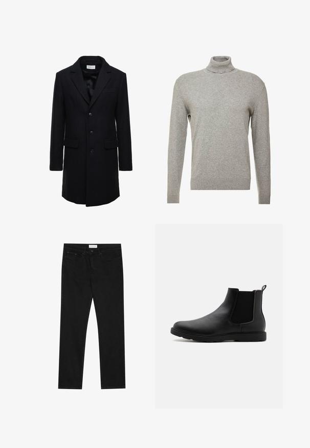 Manteau en laine bleu marine foncé au fit ajusté, à boutonnage simple, avec revers en pointe et deux poches à l'avant, doté d'une fermeture à bouton.; Pull over gris avec un col haut et des manches longues. Fabriqué à partir d'un matériau lisse et doux, il possède une coupe ajustée et des accents côtelés au niveau de l'ourlet.; Jean droit noir avec un design à cinq poches, fermeture à bouton et zip, et une étiquette de marque Pier One sur la taille.; Bottine Chelsea en cuir noir avec des panneaux latéraux en élasthanne, une languette et une semelle en caoutchouc durable. Texture lisse et design épuré.