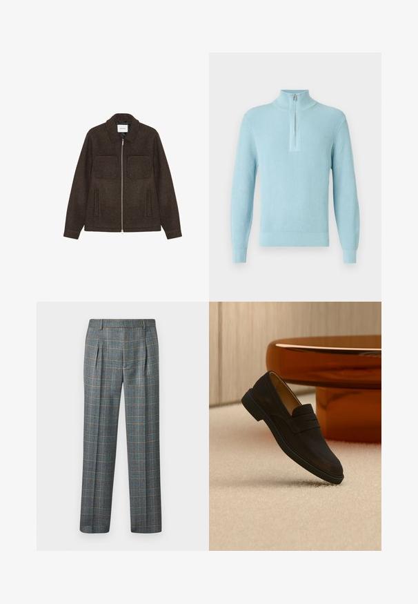 Tumepruun villane zip-up jakk, millel on kaks rinna Taskut, kaks küljetaskut ja krae.; Helehall sinine soonikkoega kampsun, kõrge kaelusega, pool lukuga, pika varruka ja krobelise lõikega, valmistatud pehmest, tekstuuriga kangast.; Halli ruudulised püksid siniste ja oranžide joontega, volditud esiosa, sirge jala disain, valmistatud tekstuurilisest kangast, vöökoht vöörihmadega.; Tumepruun seemisnahast loafer-king musta tallaga, hõljumas beeži vaiba kohal, taustal pehme puidust paneelidega ruumis oranž klaasist laud.