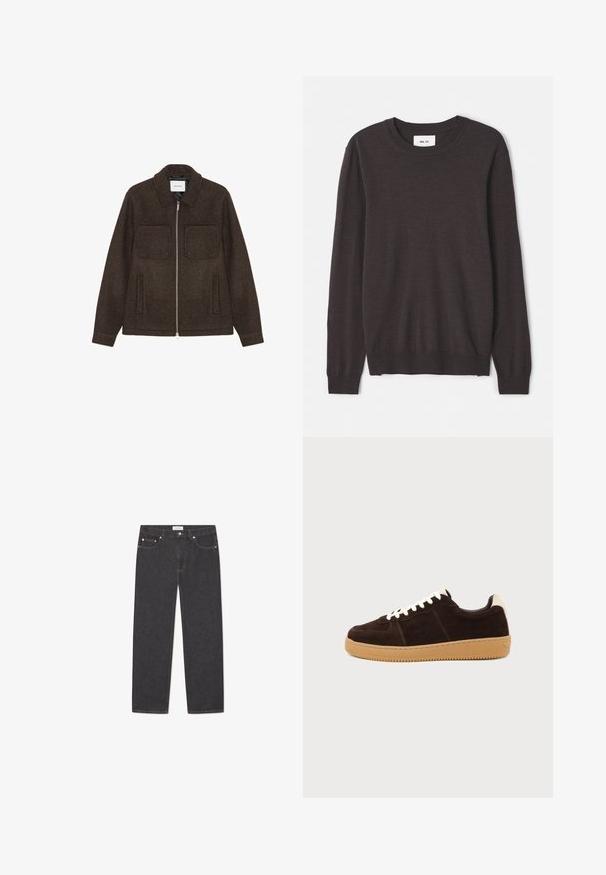 Veste zippée en laine brun foncé avec deux poches poitrine, deux poches latérales et un col.; Pull en tricot marron foncé avec un col rond, des manches longues, des poignets et un ourlet côtelés, une texture lisse, et une étiquette de marque minimaliste.; Jean en denim foncé avec une coupe droite, un design à cinq poches, des coutures contrastantes et une fermeture à bouton à la taille.; Baskets en daim marron foncé avec lacets blancs, languette beige au talon et semelle en caoutchouc marron clair vues de côté sur un fond uni.