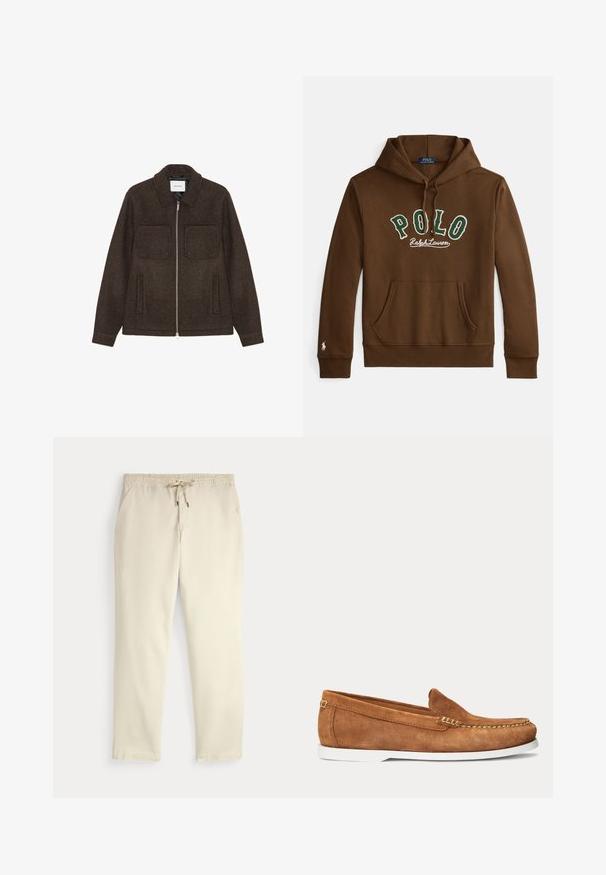 Tummanruskea villasta valmistettu vetoketjullinen takki, jossa on kaksi rintataskua, kaksi sivutaskua ja kauluksellinen kaula.; Ruskea hupullinen collegepaita, jossa vihreä- ja valkoinen "POLO Ralph Lauren" -teksti, etuosan kengurun tasku ja pieni valkoinen logo vasemman hihan resorissa.; Valkoiset rento housut, joissa on joustava vyötärö ja nyörikiristys, suorat lahkeet ja sivutaskut yksinkertaista taustaa vasten.; Ruskea mokkanahkainen loafer valkoisella pohjalla ja beigeillä ompeleilla varpaan ja yläreunan kohdalla, sivusta kuvattuna yksivärisellä taustalla.
