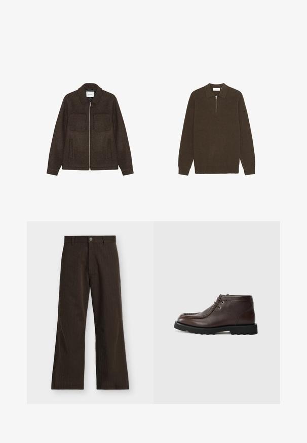 Veste zippée en laine brun foncé avec deux poches poitrine, deux poches latérales et un col.; Pull en maille côtelée marron avec col et fermeture à zip quart. Présente des manches longues et une taille ajustée. Texture douce.; Pantalon brun foncé à coupe droite avec coutures verticales discrètes et fermeture à bouton à la taille.; Bottines en cuir marron avec un bout arrondi, dotées d'œillets en métal pour les lacets, de détails cousus et d'une semelle en caoutchouc noire robuste.