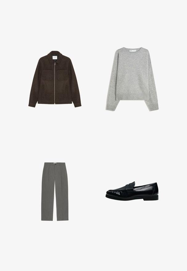 Veste zippée en laine brun foncé avec deux poches poitrine, deux poches latérales et un col.; Pull en tricot gris avec un col rond, des poignets et un ourlet côtelés, offrant une coupe décontractée et une texture douce.; Pantalon gris plissé avec une coupe droite, doté d'une fermeture à boutons devant et d'un tissu texturé pour un look sur mesure.; Mocassin penny loafer pour homme en cuir noir avec bout moc cousu et petit talon, présenté de profil sur fond blanc.