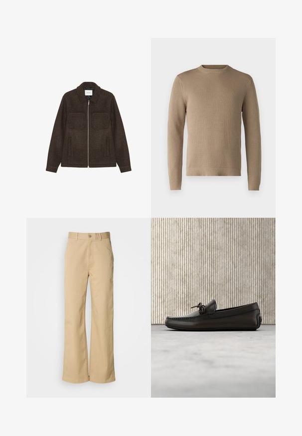 Donkerbruine wollen zip-up jas met twee borstzakken, twee zijzakken en een kraag.; Beige gebreide trui met een ronde hals, geribde manchetten en zoom, en een textuurstof, met een effen kleur zonder patronen of accenten.; Beige, wijde broek gemaakt van een katoenmix. Voorzien van een knoopsluiting en riemlussen. Soepele textuur, met minimale stikseldetails.; Zwarte leren loafer met strikdetail, hangend boven een beige tapijt, met een ronde, glanzende bruine tafel op de achtergrond.