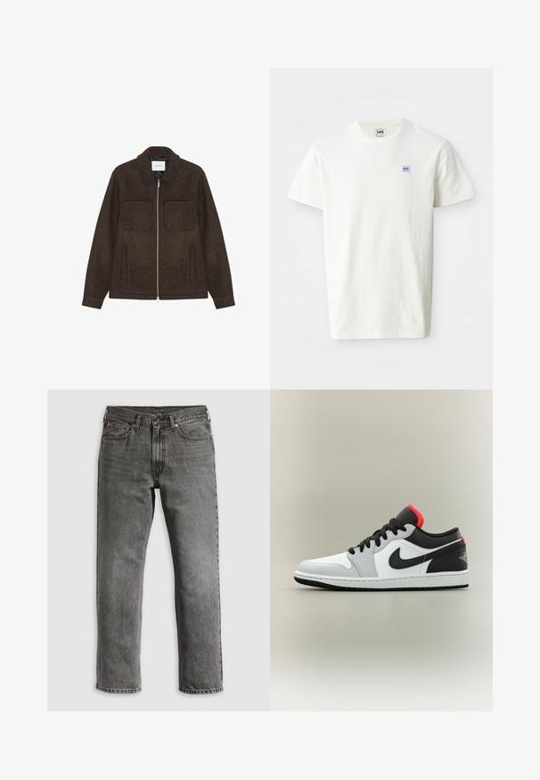 Donkerbruine wollen zip-up jas met twee borstzakken, twee zijzakken en een kraag.; Witte katoenen T-shirt met een ronde hals en korte mouwen. Toont een klein rechthoekig paars en blauw Lee-logo op de linkerborst.; Grijze denim jeans met een rechte pijp, voorzien van vijf zakken, koperen klinknagels en zichtbare stiksels. Klassiek ontwerp met een ritssluiting.; Lage sportsneaker in wit, grijs en zwart met rode accenten, zwarte veters en een zwart swoosh-logo aan de zijkant.