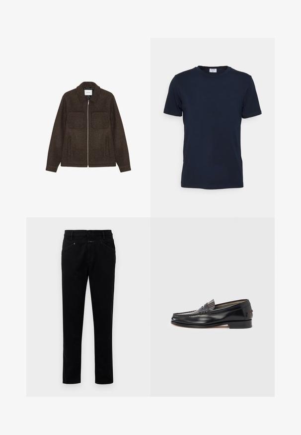 Mørkebrun uld zip-up jakke med to brystlommer, to sidelommer og krave.; Marineblå crew-neck t-shirt lavet af blødt stof. Korte ærmer med en klassisk pasform, der har et mærke ved halsen. Glat tekstur, minimalistisk design.; Sorte denimbukser med straight-leg design, der har knaplukning, fem lommestyle og en glat tekstur.; Sorte læderloafers med moccasin-design, der har en dekorativ bånd og syningsdetaljer på overdelen. Lav blokhæl.