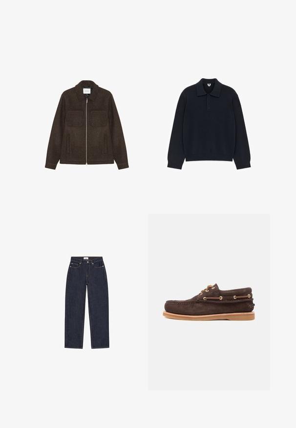 Veste zippée en laine brun foncé avec deux poches poitrine, deux poches latérales et un col.; Polo à manches longues bleu marine avec un col à revers, une patte de boutonnage à trois boutons, et des poignets et une base côtelés. Texture tricotée.; Jean denim bleu foncé à coupe droite avec une taille haute, doté de poches avant et de détails de surpiqûres contrastantes. Aucun signe d'usure visible.; Chaussure bateau en suède marron avec des lacets en cuir, des œillets dorés, un bout moccasin cousu et une semelle en caoutchouc marron clair sur fond blanc.