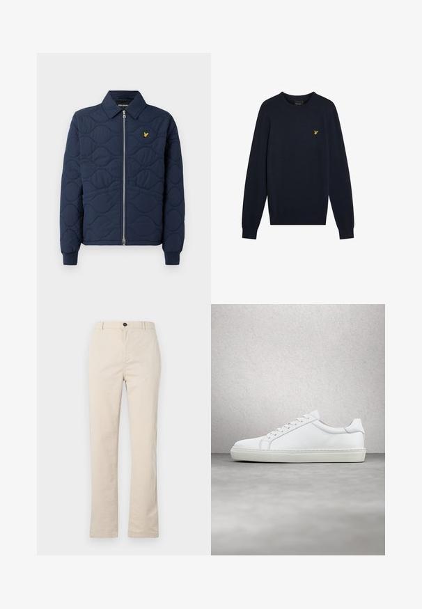 Navy-blau gesteppte Jacke mit Reißverschluss, spitzem Kragen, Rippbündchen und einem kleinen goldenen Logo auf der Brust. Glatte Textur mit Wellenmustern.; Marineblauer Strickpullover mit rundem Ausschnitt, langen Ärmeln und einem kleinen gelben Adleremblem auf der Brust. Glatte Textur, enganliegende Bündchen.; Helle beige Baumwollhose mit geradem Bein, vorn mit Knopfverschluss, Reißverschluss und minimalen Nähten.; Weißer Sneaker mit glattem Lederobermaterial und niedrigem Profil. Verfügt über eine runde Zehenpartie, sechs Ösen und eine strukturierte Gummisohle.