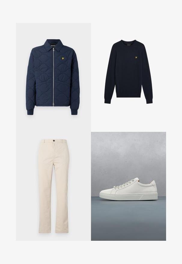 Navy-blau gesteppte Jacke mit Reißverschluss, spitzem Kragen, Rippbündchen und einem kleinen goldenen Logo auf der Brust. Glatte Textur mit Wellenmustern.; Marineblauer Strickpullover mit rundem Ausschnitt, langen Ärmeln und einem kleinen gelben Adleremblem auf der Brust. Glatte Textur, enganliegende Bündchen.; Helle beige Baumwollhose mit geradem Bein, vorn mit Knopfverschluss, Reißverschluss und minimalen Nähten.; Weißes Leder-Sneaker mit abgerundetem Zehenbereich, minimalistisches Design, graue Schnürsenkel und einer strukturierten grauen Gummisohle. Dezente Nähte sichtbar.