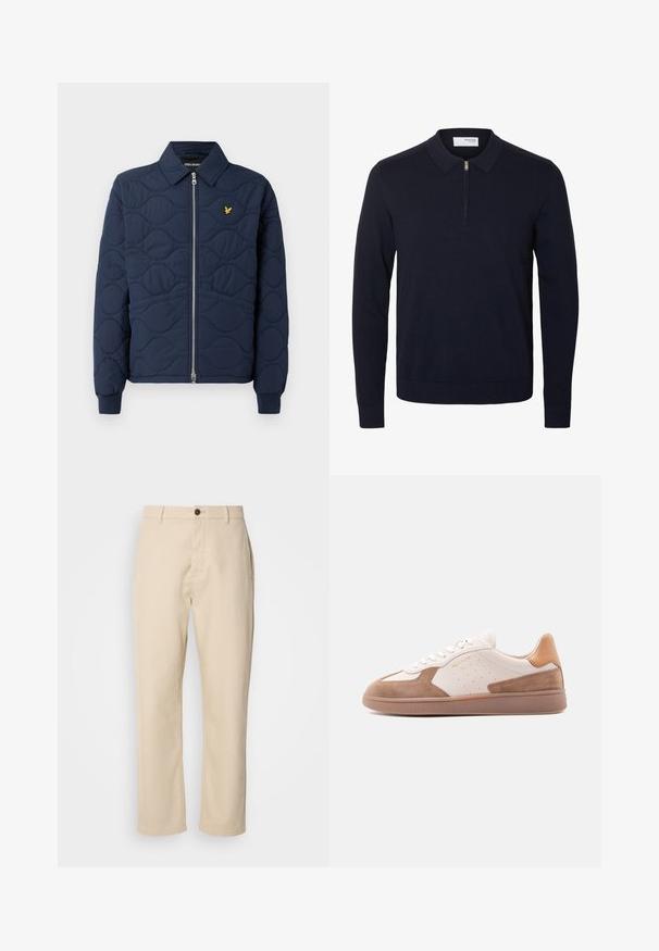 Navy-blau gesteppte Jacke mit Reißverschluss, spitzem Kragen, Rippbündchen und einem kleinen goldenen Logo auf der Brust. Glatte Textur mit Wellenmustern.; Marineblauer Langarmpullover mit Kragen und kurzem Frontreißverschluss, aus Strickstoff mit gerippten Bündchen und Saum.; Beige Baumwollhosen mit geraden Beinen, einem Knopfverschluss vorne, Seitentaschen und einer glatten Textur. Minimalistisches Design, ohne sichtbare Muster.; Weißer und beige farbener Sneaker mit niedrigem Schaft, Wildleder-Akzenten, perforierten Seiten, weißen Schnürsenkeln und einer strukturierten Gummisohle, seitlich auf weißem Hintergrund dargestellt.