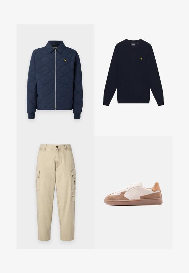 Navy-blau gesteppte Jacke mit Reißverschluss, spitzem Kragen, Rippbündchen und einem kleinen goldenen Logo auf der Brust. Glatte Textur mit Wellenmustern.; Marineblauer Langarm-Pullover mit Rundhalsausschnitt und kleinem gelben gestickten Adler-Logo auf der linken Brust.; Beige Cargo-Hosen aus weichem Stoff, mit seitlichen Taschen, einem Knopfverschluss und einer schmal zulaufenden Beinform.; Weißer und beige farbener Sneaker mit niedrigem Schaft, Wildleder-Akzenten, perforierten Seiten, weißen Schnürsenkeln und einer strukturierten Gummisohle, seitlich auf weißem Hintergrund dargestellt.