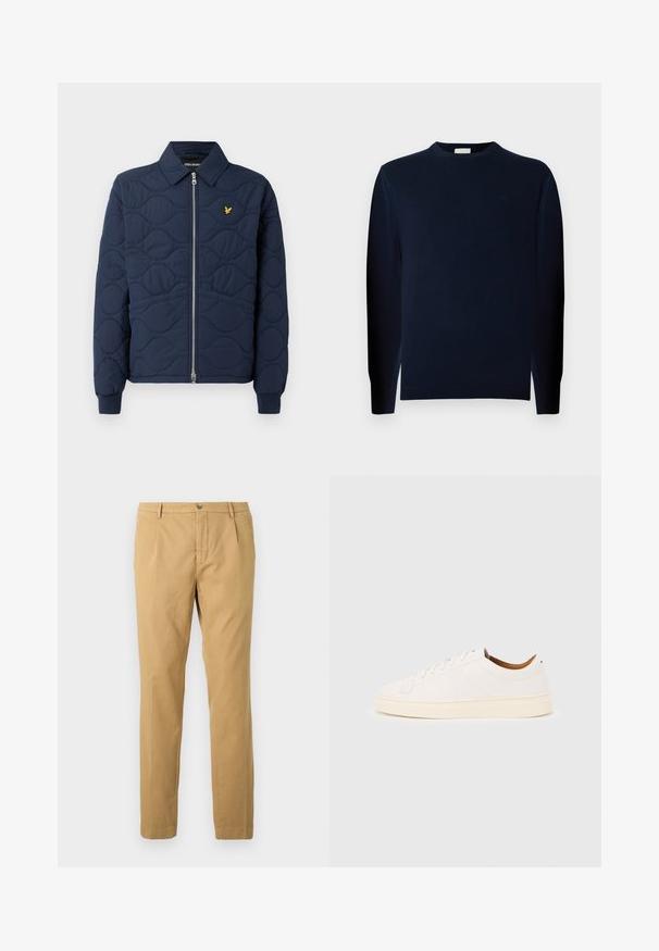 Navy-blau gesteppte Jacke mit Reißverschluss, spitzem Kragen, Rippbündchen und einem kleinen goldenen Logo auf der Brust. Glatte Textur mit Wellenmustern.; Junger Mann mit lockigem Haar, der einen dunklen Pullover mit langen Ärmeln und dunkle Hosen trägt, steht vor einem einfarbigen grauen Hintergrund.; Beige Baumwollhose mit geradem Bein, Reißverschluss und Knopfverschluss sowie Taschen vorne und hinten.; Weißer Sneaker mit niedrigem Schaft und Schnürdesign, minimalen Nähten und einer cremefarbenen Sohle auf hellgrauem Hintergrund.