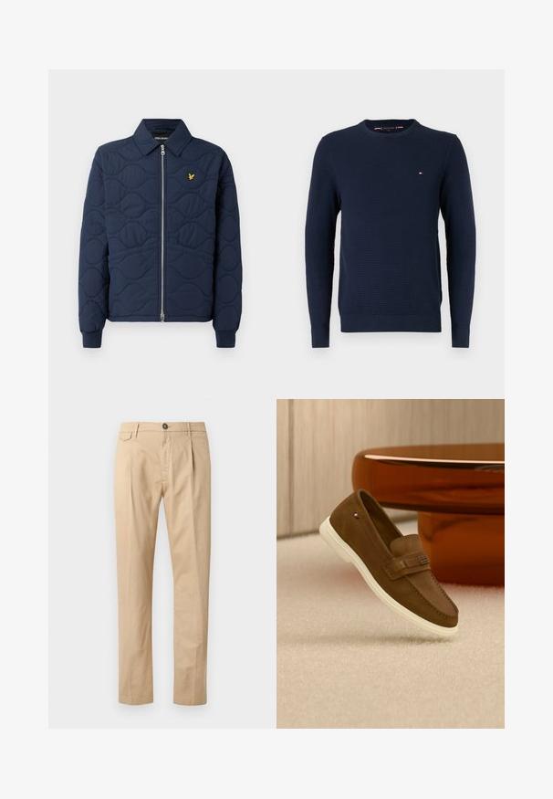 Navy-blau gesteppte Jacke mit Reißverschluss, spitzem Kragen, Rippbündchen und einem kleinen goldenen Logo auf der Brust. Glatte Textur mit Wellenmustern.; Dunkelblaues, geripptes Strickpullover mit Rundhalsausschnitt und langen Ärmeln sowie kleinem roten, weißen und blauen Logo auf der linken Brust.; Beige Baumwollhosen für Herren im Straight-Leg-Schnitt mit Fronttaschen, Gürtelschlaufen, Knopfverschluss und Reißverschluss auf einem weißen Hintergrund.; Brauner Wildleder-Loafer mit weißer Sohle und Metalldetail, schwebend über hellem Teppich neben einem glänzenden braunen runden Möbelstück.
