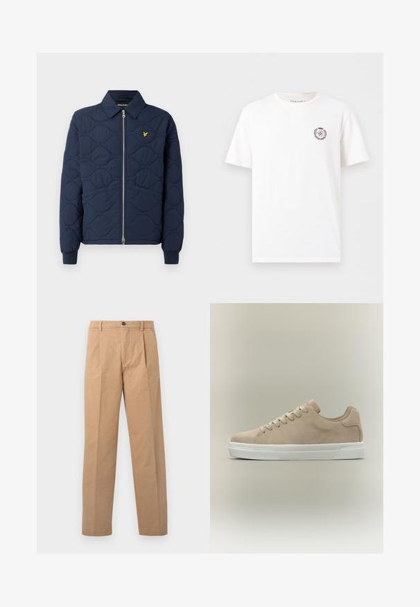 Navy-blau gesteppte Jacke mit Reißverschluss, spitzem Kragen, Rippbündchen und einem kleinen goldenen Logo auf der Brust. Glatte Textur mit Wellenmustern.; Weißes T-Shirt mit kurzen Ärmeln und Rundhalsausschnitt, mit kleinem kastanienbraunem Wappenlogo auf der linken Brust, das Buchstaben und einen Lorbeerkranz zeigt.; Khakihosen mit geradem Bein, aus Baumwollstoff; verfügen über einen einzigen Knopfverschluss und zwei Vorderfalten.; Beiger Wildleder-Sneaker in niedriger Ausführung mit weißer Gummisohle und beigen Schnürsenkeln auf einfachem hellem Hintergrund.