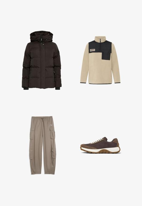 Zwarte pufferjack met een capuchon, voorzien van een horizontaal doorgestikt ontwerp, ritssluiting aan de voorkant, drukknoopsluiting en zijzakken met ritsen.; Beige fleece pullover met een zwart bovenpaneel, kraag met halve rits, ritszak op de borst en contrasterende zwarte zoom en manchetten.; Lichtbruine, losse cargobroek met trekkoord in de taille en klepzakken op elke pijp, met een klein wit Puma-logo aan de rechterkant.; Bruine sneaker met witte veters, voorzien van een gestructureerde bovenkant en een robuuste rubberen zool, tentoongesteld op een witte achtergrond.