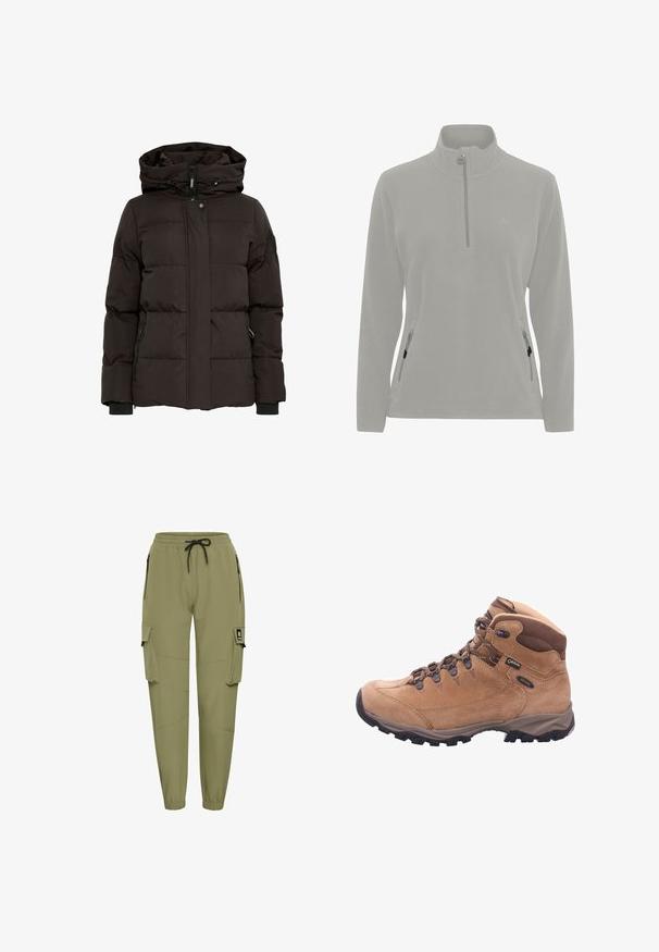 Zwarte pufferjack met een capuchon, voorzien van een horizontaal doorgestikt ontwerp, ritssluiting aan de voorkant, drukknoopsluiting en zijzakken met ritsen.; Lichtgrijs fleece pullover met hoge nek, halve rits, zijzakken met ritssluiting en een gladde textuur. Eenvoudig logo op de borst.; Olijfgroene cargobroek met elastische tailleband en verstelbaar trekkoord. Voorzien van twee zijritszakken en twee grote cargozakken.; Tan wandelschoen gemaakt van suede en synthetisch materiaal, met een hoge enkel, vetersluiting aan de voorkant en een rubberen zool met diepe groeven voor grip.