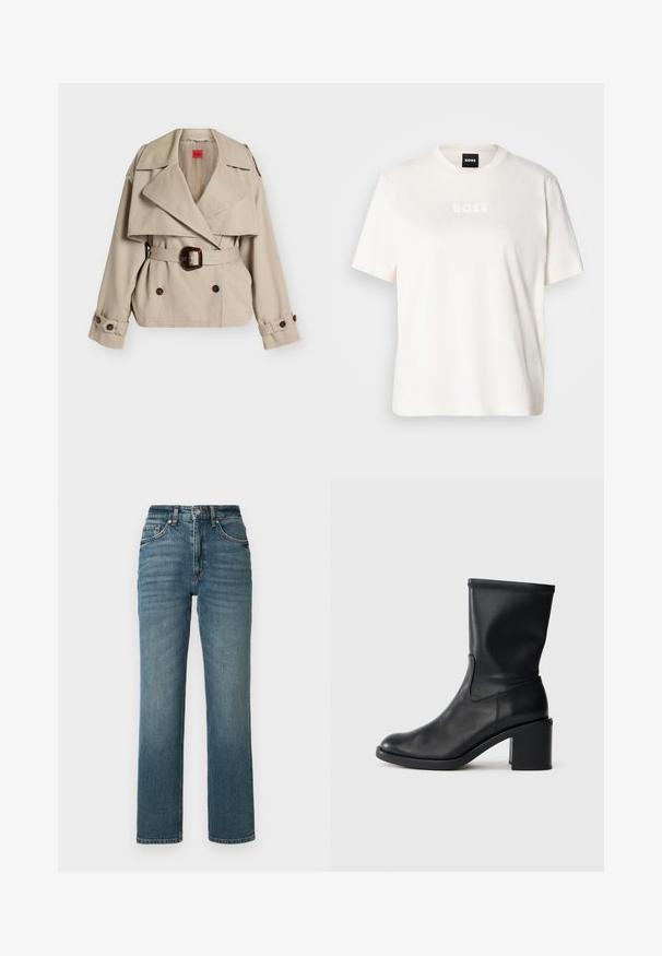 Trench-coat court beige avec large revers, boutons croisés, ceinture à la taille avec boucle écaille de tortue et pattes de manches boutonnées.; T-shirt en coton blanc avec un col rond, des manches courtes, et un logo "BOSS" embossé sur la poitrine. Texture douce et coupe décontractée.; Jean droit taille haute en denim bleu, avec un léger effet délavé, cinq poches et une fermeture par bouton.; Botte en cuir noir à cheville avec un bout rond, texture lisse et un talon épais, présentant un tige ajustée et un subtil détail de couture.