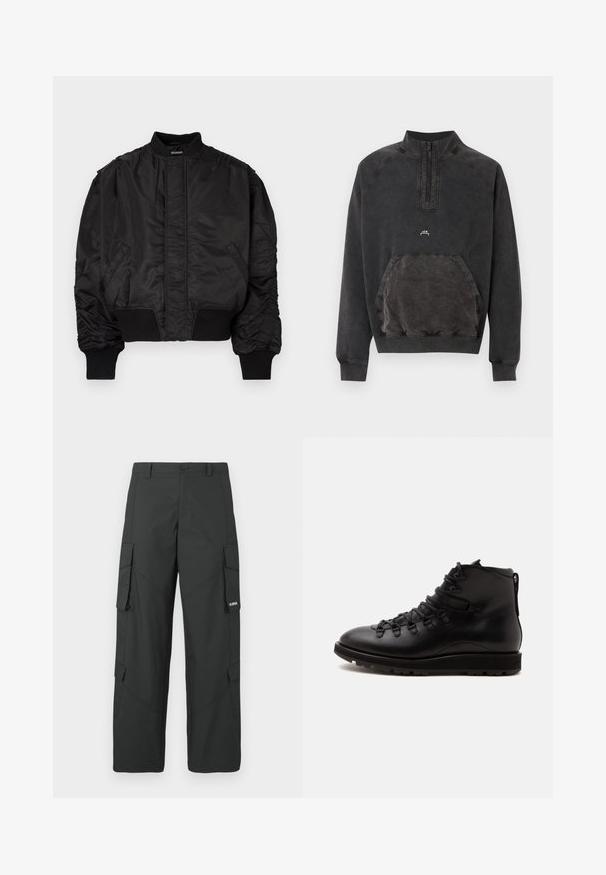 Black bomber jacket with a high collar, puffed sleeves, ribbed cuffs and waistband, and a smooth satin finish. Features side pockets.; Black washed half-zip sweatshirt with kangaroo pocket, ribbed cuffs and hem, and small "A C W" logo on chest.; Black straight-leg cargo pants with side flap pockets, button closure, belt loops, and small white logo on right pocket flap.; Black leather hiking boot with metal eyelets and hooks for laces, thick sole with tread, side view on a plain light background.