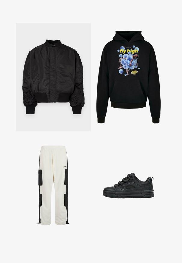 Zwarte bomberjack met een hoge kraag, opgeblazen mouwen, geribbelde manchetten en tailleband, en een gladde satijnen afwerking. Voorzien van zijzakken.; Zwarte sweatshirt met capuchon, voorzien van een centraal graphic van blauwe bubbels en een figuur. De tekst zegt "fly high" in het geel. Kangoeroezak aan de voorkant.; Witte cargobroek met zwarte zijpanelen, elastische tailleband en cargopockets. Beschikt over verstelbare zoom en FUBU-logo op het linkerlijf.; Zwarte lage sneaker met dikke zool, gevoerde kraag, meshpanelen en dikke veters, afgebeeld tegen een witte achtergrond.