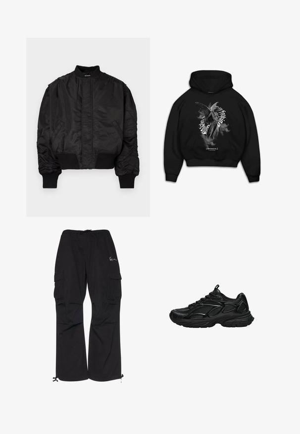 Black bomber jacket with a high collar, puffed sleeves, ribbed cuffs and waistband, and a smooth satin finish. Features side pockets.; Black hoodie featuring a graphic of a winged statue with swirling text, cotton material, front pouch pocket, and ribbed cuffs.; Black cargo pants made of lightweight fabric, featuring an elastic waistband with drawstring, side pockets, and adjustable cuffs.; Black athletic sneaker with mesh and synthetic upper, thick cushioned sole, and lace-up closure, shown from the side on a white background.